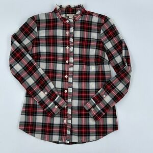 J. Crew Red Black Cream Plaid Ruffle Button-Down Shirt